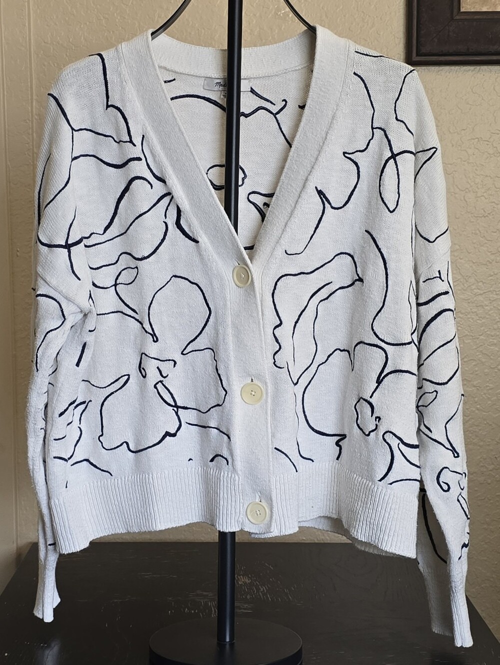 Madewell Embroidered V-Neck Cardigan Sweater Linear Bloom Size Medium White/Navy